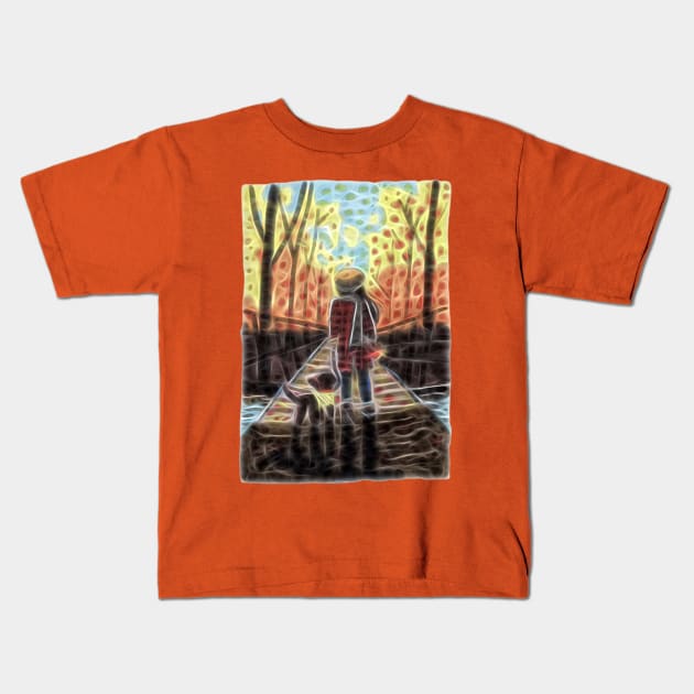 Autumn Walk with the Dog Kids T-Shirt by Mila-Ola_Art